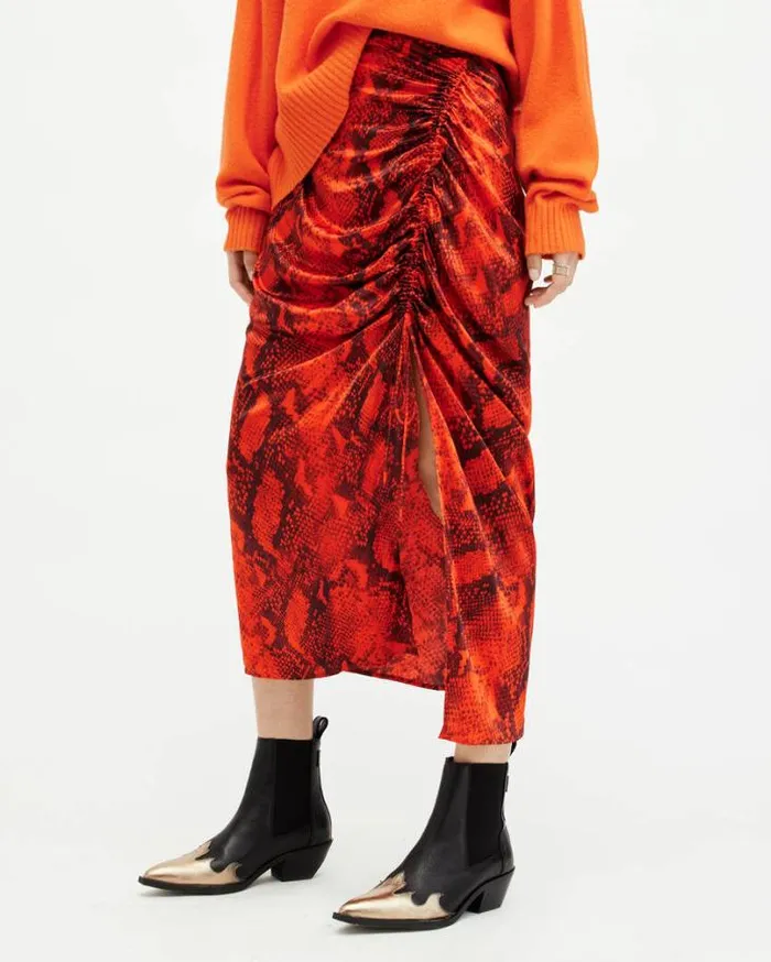 Carla Gathered Snake Print Midi Skirt Zesty Orange Women AllSaints Skirts and Shorts Carla Gathered Snake Print Midi Skirt Zesty Orange Women AllSaints Skirts and Shorts