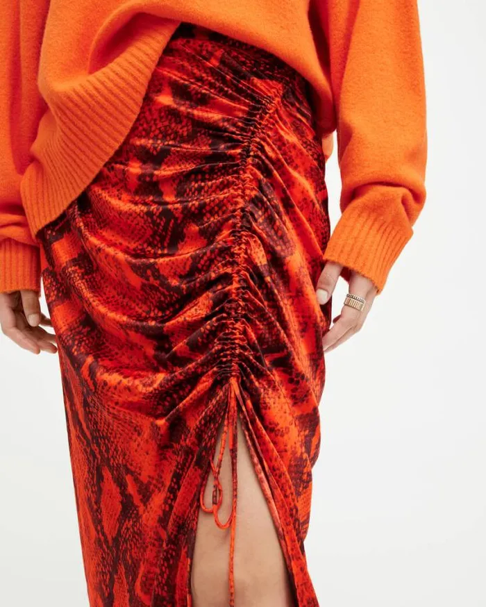 Carla Gathered Snake Print Midi Skirt Zesty Orange Women AllSaints Skirts and Shorts Carla Gathered Snake Print Midi Skirt Zesty Orange Women AllSaints Skirts and Shorts