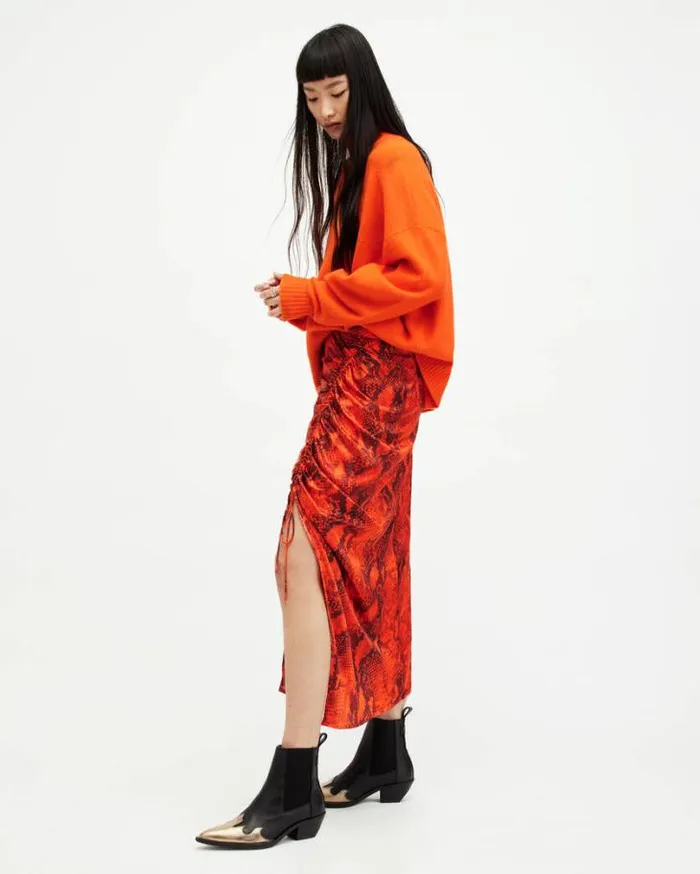 Carla Gathered Snake Print Midi Skirt Zesty Orange Women AllSaints Skirts and Shorts Carla Gathered Snake Print Midi Skirt Zesty Orange Women AllSaints Skirts and Shorts