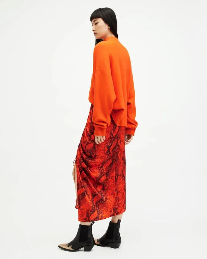 Carla Gathered Snake Print Midi Skirt Zesty Orange Women AllSaints Skirts and Shorts Carla Gathered Snake Print Midi Skirt Zesty Orange Women AllSaints Skirts and Shorts