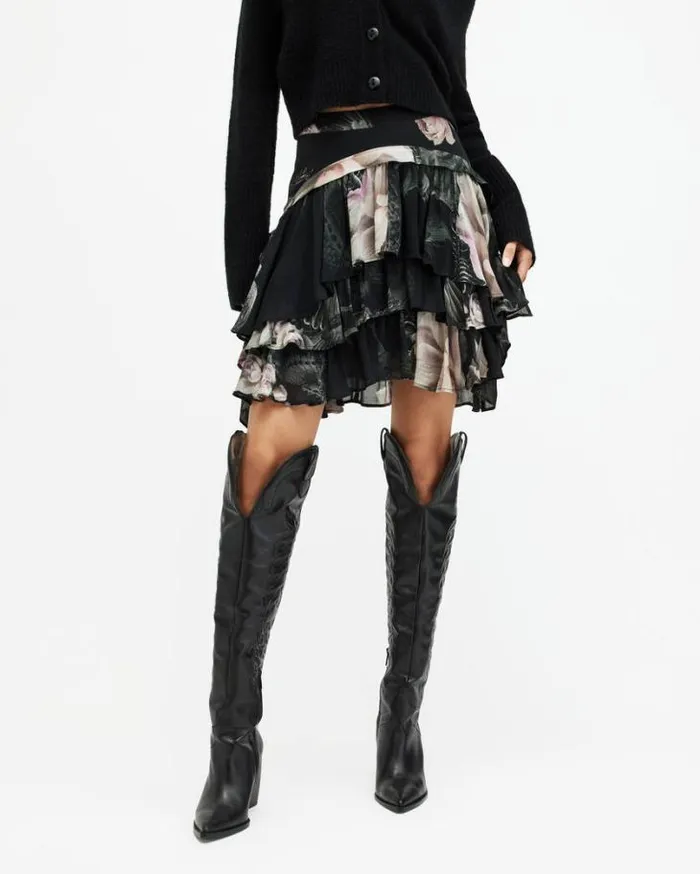 Cavarly Floral Valley Ruffled Mini Skirt Jet Black Women AllSaints Skirts and Shorts