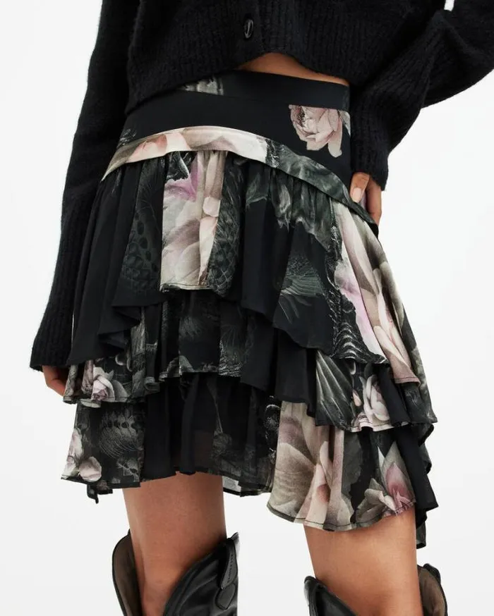 Cavarly Floral Valley Ruffled Mini Skirt Jet Black Women AllSaints Skirts and Shorts