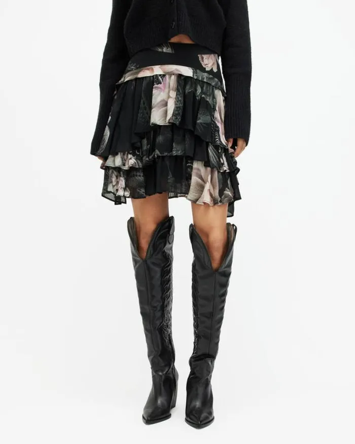 Cavarly Floral Valley Ruffled Mini Skirt Jet Black Women AllSaints Skirts and Shorts