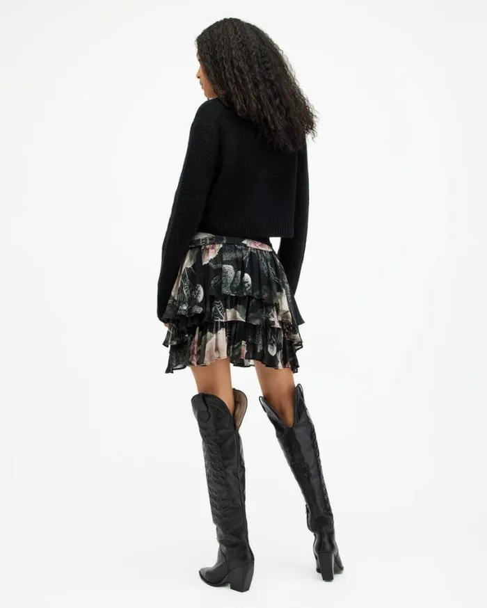 Cavarly Floral Valley Ruffled Mini Skirt Jet Black Women AllSaints Skirts and Shorts