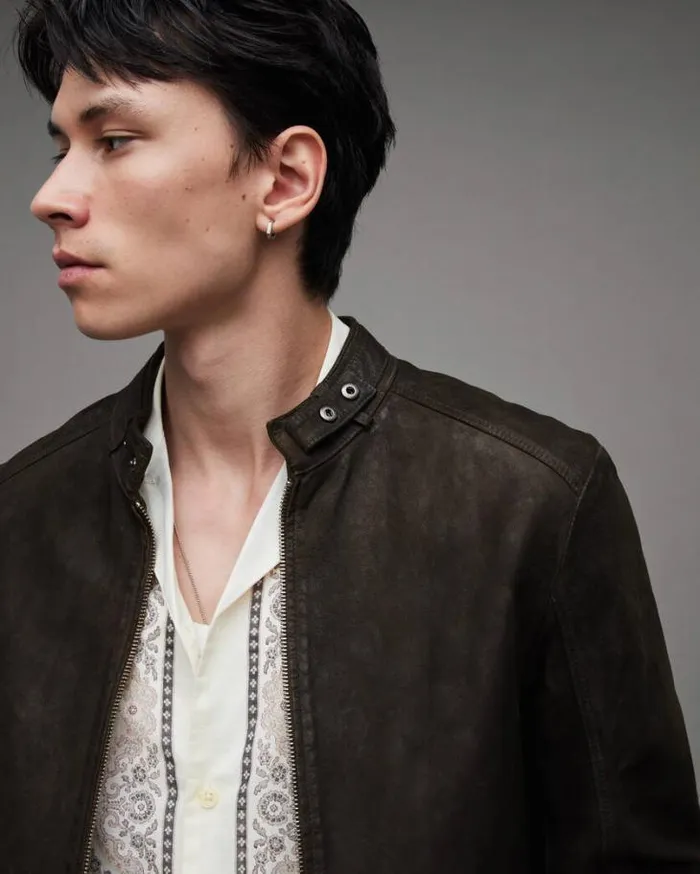 Cora Suede Snap Back Collar Jacket Anthracite Grey Men AllSaints Jackets and Coats Cora Suede Snap Back Collar Jacket Anthracite Grey Men AllSaints Jackets and Coats