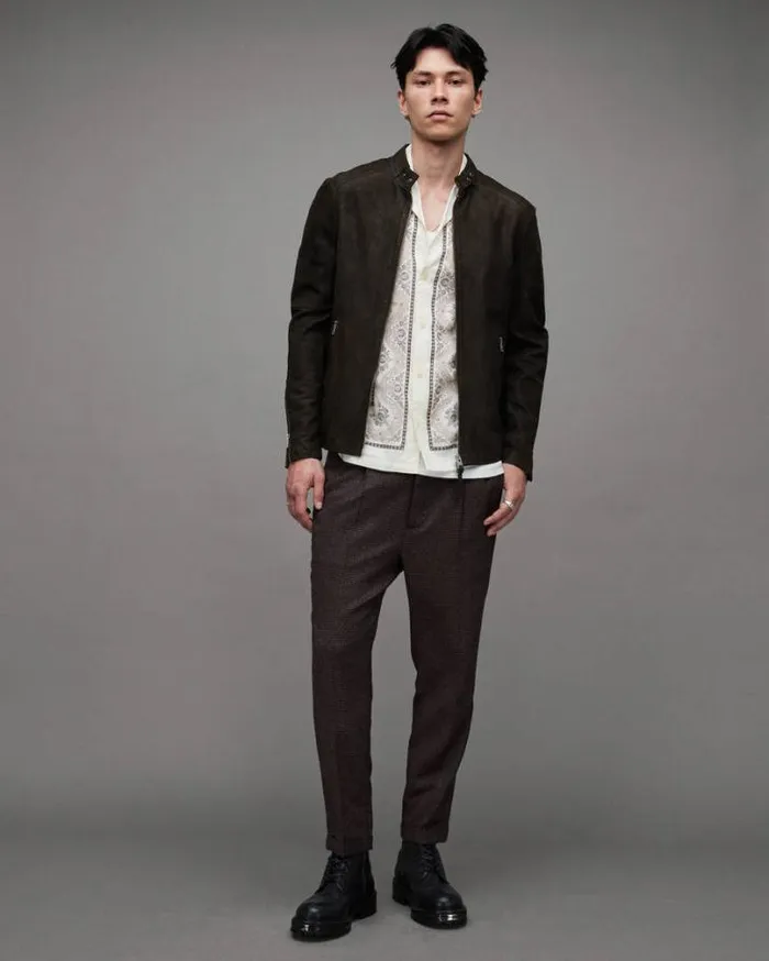 Cora Suede Snap Back Collar Jacket Anthracite Grey Men AllSaints Jackets and Coats Cora Suede Snap Back Collar Jacket Anthracite Grey Men AllSaints Jackets and Coats