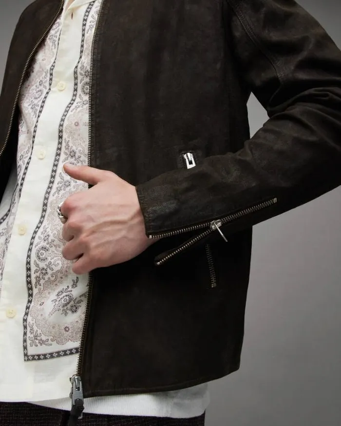 Cora Suede Snap Back Collar Jacket Anthracite Grey Men AllSaints Jackets and Coats Cora Suede Snap Back Collar Jacket Anthracite Grey Men AllSaints Jackets and Coats