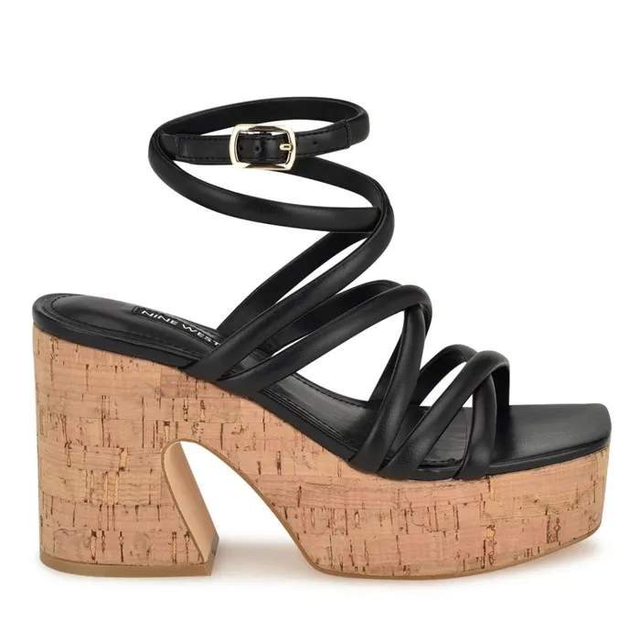 Corke Platform Wedge Strappy Sandals Black Women Nine West Mid Heels