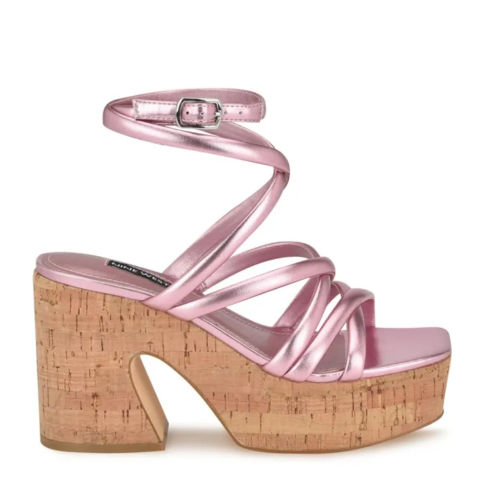 Corke Platform Wedge Strappy Sandals Pink Women Nine West Mid Heels