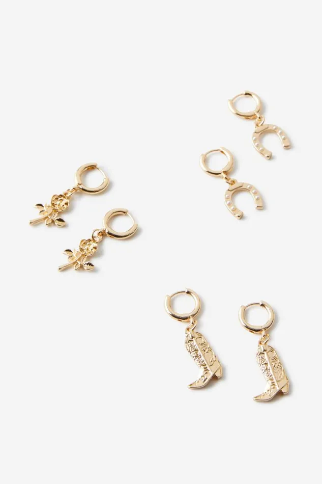 Cotton On Jewelry 3Pk Small Earring Up Gold Boots And Horse Shoe 8211 Women
