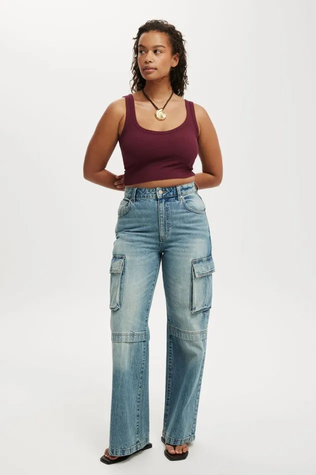 Cotton On Pants Curvy Cargo Wide Jean Canyon Blue 8211 Women