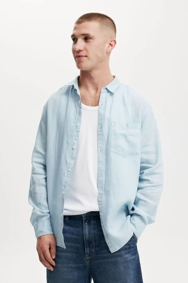 Cotton On Shirts and Polos Linen Long Sleeve Shirt Glacial Blue 8211 Men