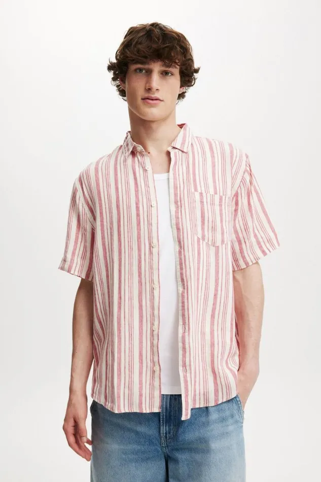 Cotton On Shirts and Polos Linen Short Sleeve Shirt Pink Stripe 8211 Men