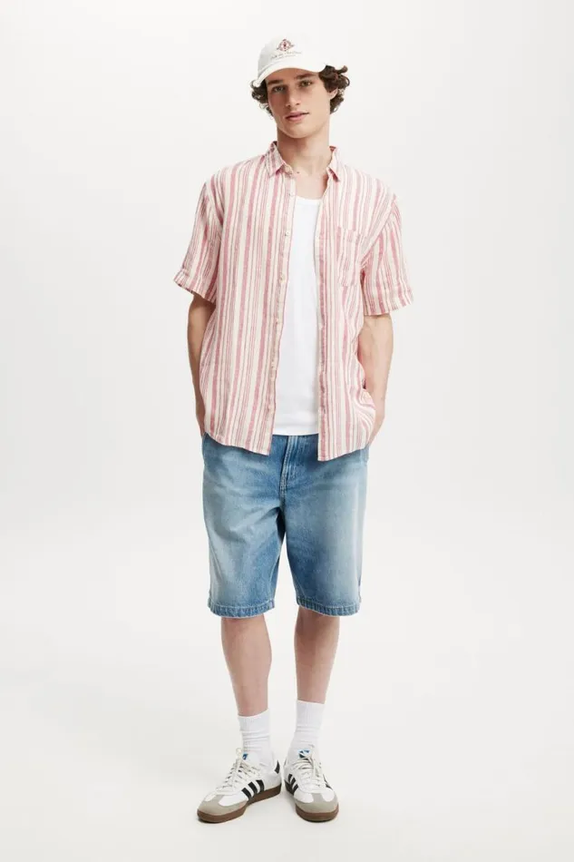 Cotton On Shirts and Polos Linen Short Sleeve Shirt Pink Stripe 8211 Men Cotton On Shirts and Polos Linen Short Sleeve Shirt Pink Stripe 8211 Men