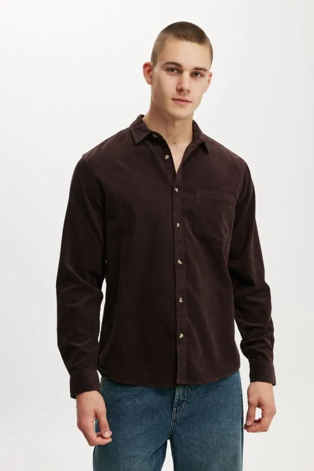 Cotton On Shirts and Polos Portland Long Sleeve Shirt Chocolate Plum Cord 8211 Men