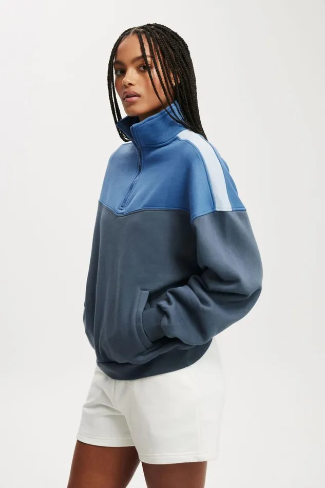 Cotton On SweatsandHoodies Panelled Quarter Zip Sweat Azure Blue Blue Slate 8211 Women