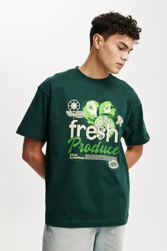 Cotton On Tees and Tanks Box Fit Graphic TShirt Pineneedle Greenfresh Produce 8211 Men Cotton On Tees and Tanks Box Fit Graphic TShirt Pineneedle Greenfresh Produce 8211 Men