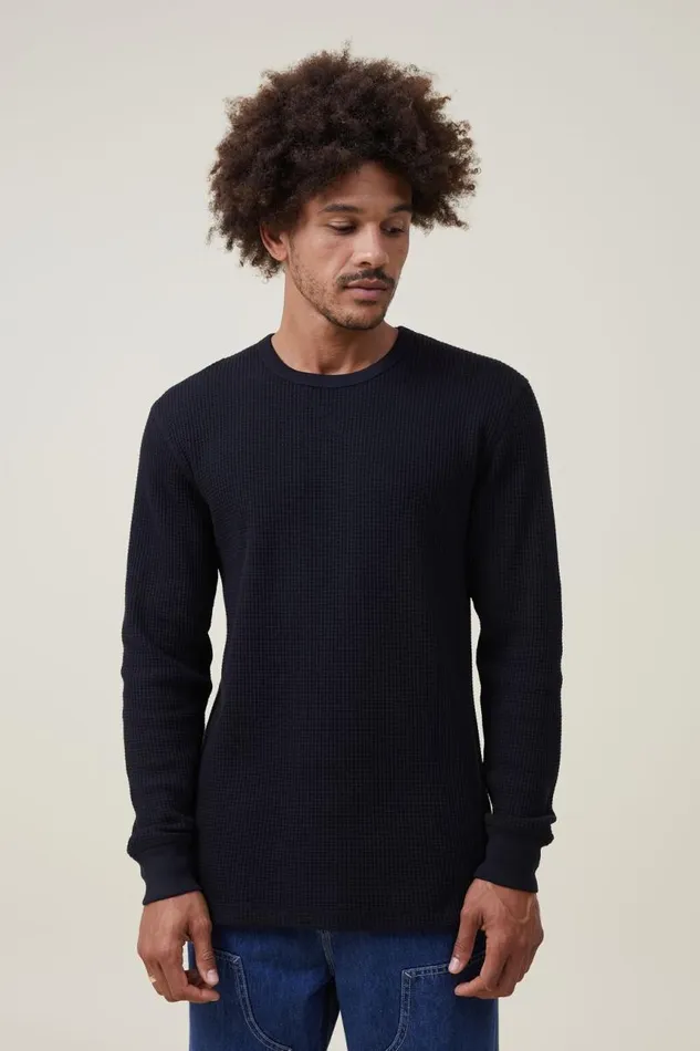 Cotton On Tees and Tanks Chunky Waffle Long Sleeve Tshirt Washed Black Waffle 8211 Men
