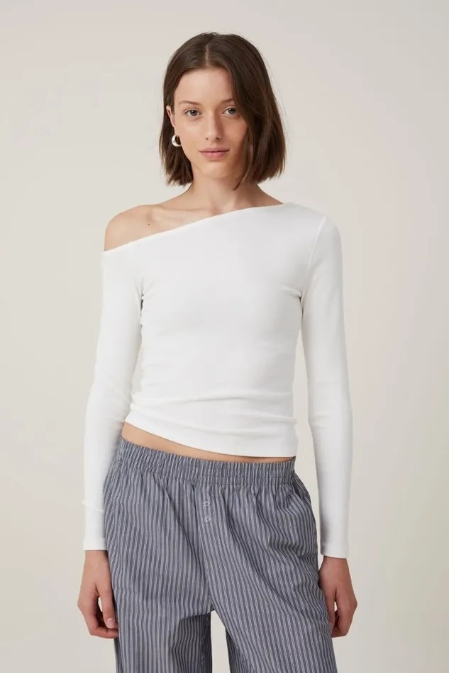 Cotton On Tops Essential Rib Asymmetric Long Sleeve Top Natural White 8211 Women