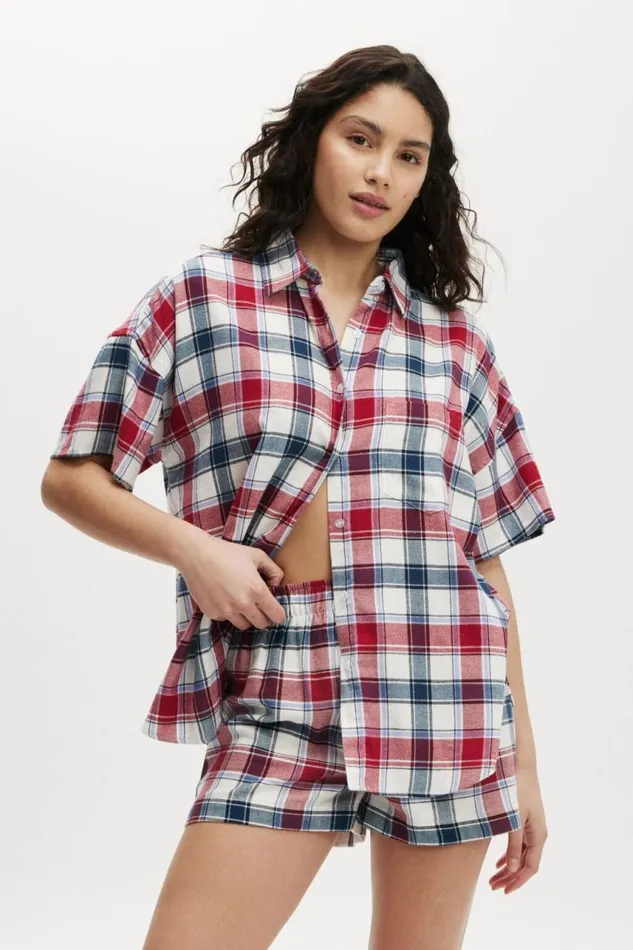 Cotton On Tops Flannel Boyfriend Short Sleeve Shirt Stephanie Check Blue 8211 Women