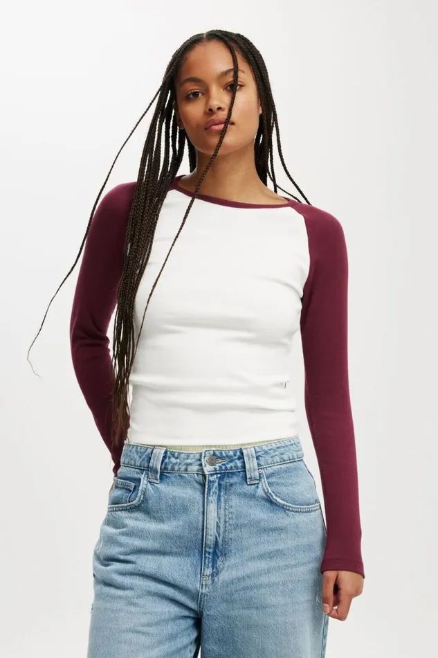 Cotton On Tops Kelsey Raglan Long Sleeve Vintage Whitecherry Varnish 8211 Women