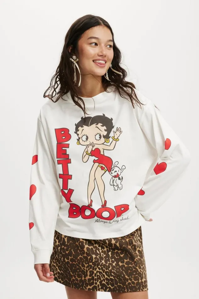 Cotton On Tops License Oversized Long Sleeve Tee Lcn Bbp Betty Boop Oopsvintage White 8211 Women
