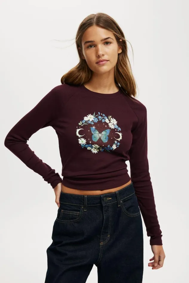 Cotton On Tops Raglan Rib Long Sleeve Tee Butterfly Cherry Ripe 8211 Women