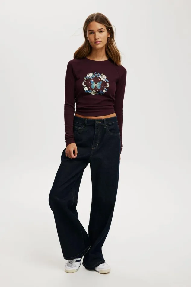 Cotton On Tops Raglan Rib Long Sleeve Tee Butterfly Cherry Ripe 8211 Women