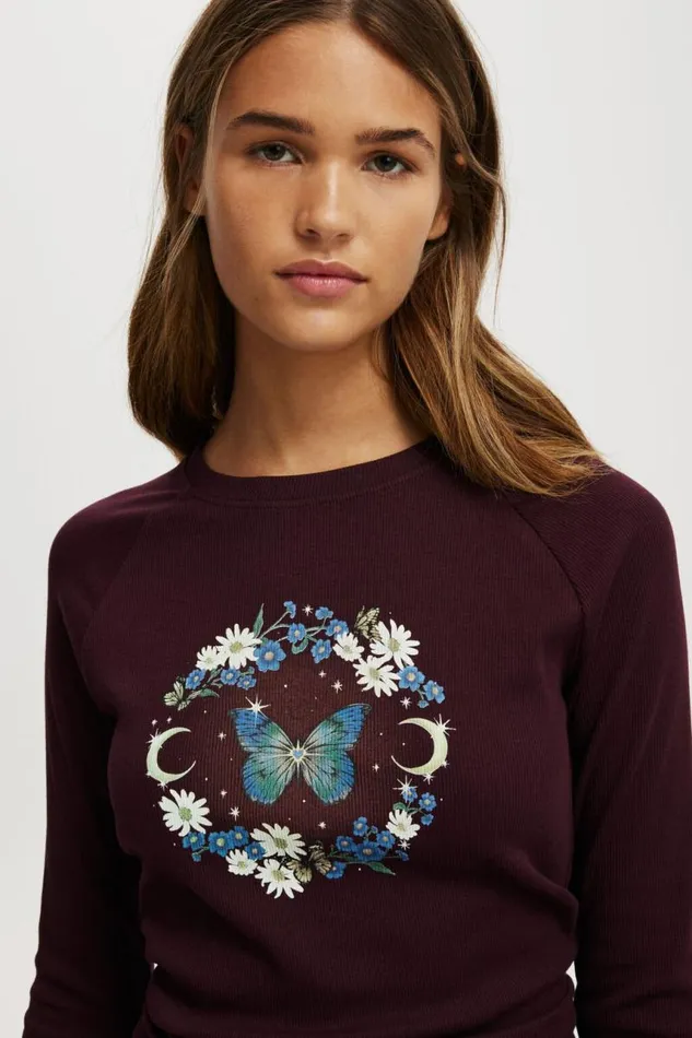 Cotton On Tops Raglan Rib Long Sleeve Tee Butterfly Cherry Ripe 8211 Women