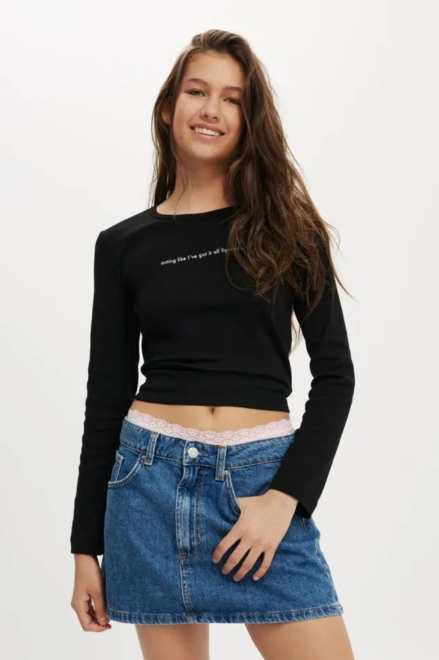 Cotton On Tops Rib Longsleeve Graphic Tee Figured Out Black 8211 Women