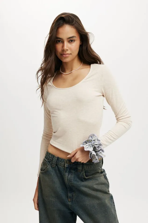Cotton On Tops Sunday Scoop Long Sleeve French Beige Marle 8211 Women