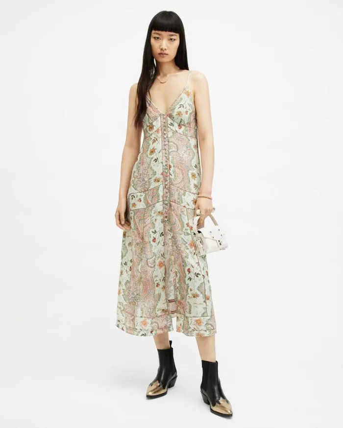 Dahlia Cascade Paisley Slim Maxi Dress Spring Green Women AllSaints Dresses