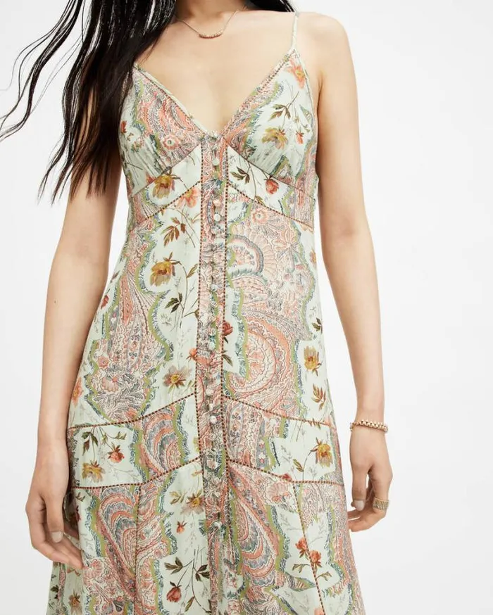Dahlia Cascade Paisley Slim Maxi Dress Spring Green Women AllSaints Dresses