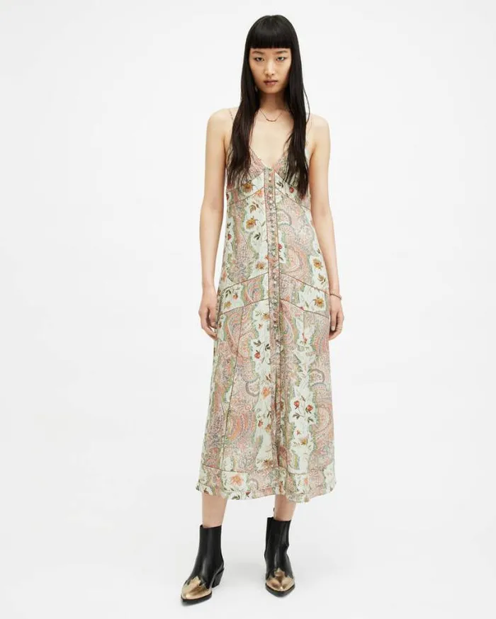 Dahlia Cascade Paisley Slim Maxi Dress Spring Green Women AllSaints Dresses