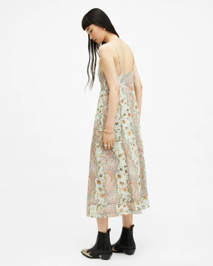 Dahlia Cascade Paisley Slim Maxi Dress Spring Green Women AllSaints Dresses