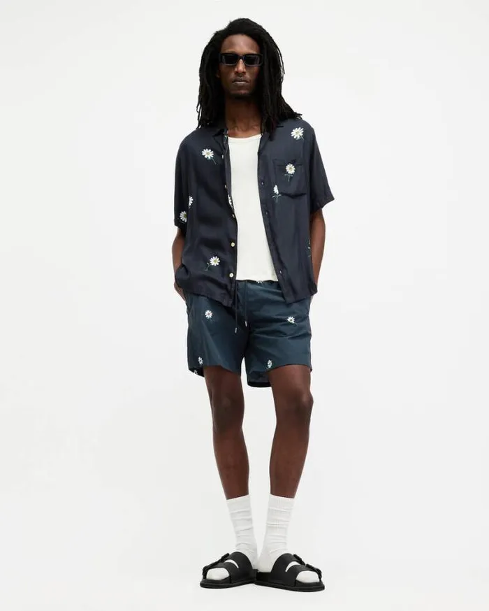 Daisical Elasticated Waist Floral Swimshorts Jet Black Men AllSaints Swimwear and Beachwear