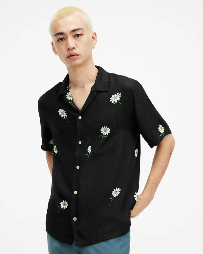 Daisical Floral Print Relaxed Shirt Jet Black Men AllSaints Shirts