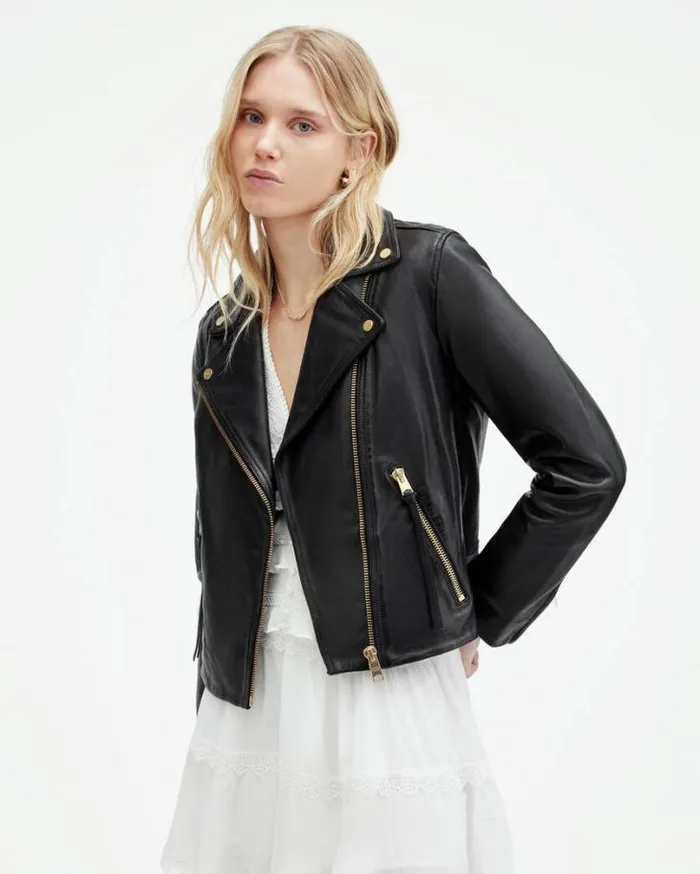 Dalby Slim Fit Leather Biker Jacket Blackgold Women AllSaints Jackets and Coats