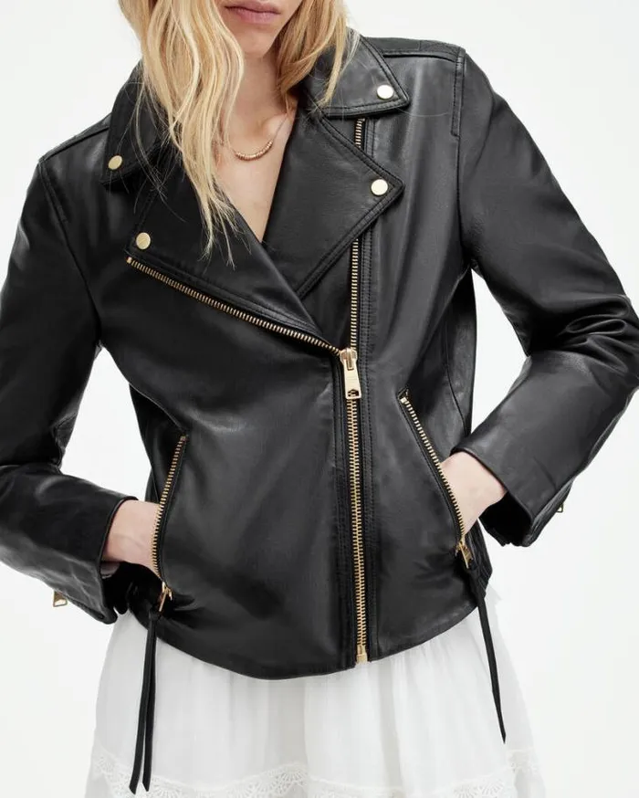 Dalby Slim Fit Leather Biker Jacket Blackgold Women AllSaints Jackets and Coats Dalby Slim Fit Leather Biker Jacket Blackgold Women AllSaints Jackets and Coats