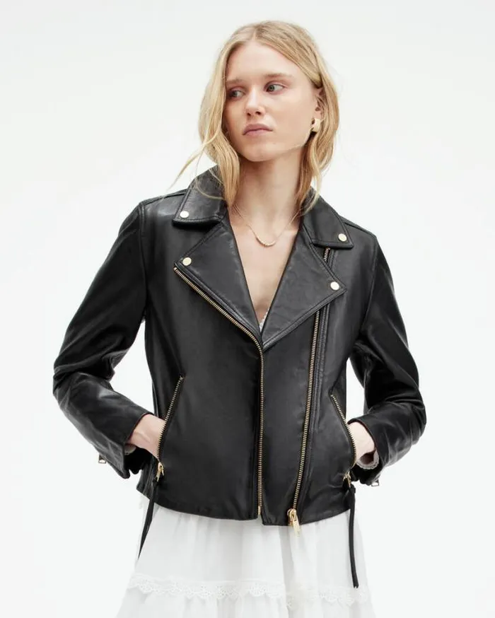 Dalby Slim Fit Leather Biker Jacket Blackgold Women AllSaints Jackets and Coats Dalby Slim Fit Leather Biker Jacket Blackgold Women AllSaints Jackets and Coats