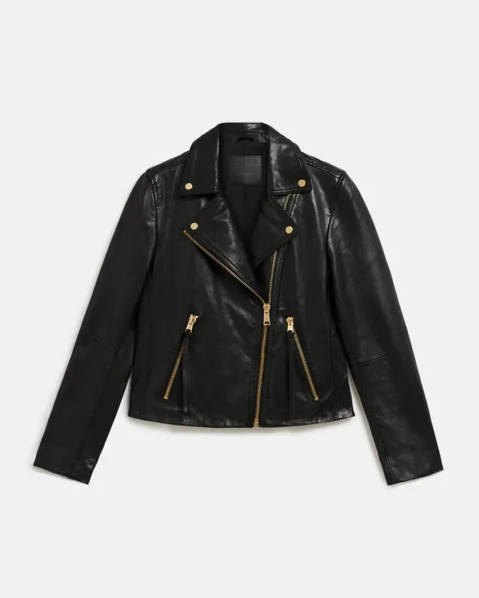 Dalby Slim Fit Leather Biker Jacket Blackgold Women AllSaints Jackets and Coats Dalby Slim Fit Leather Biker Jacket Blackgold Women AllSaints Jackets and Coats