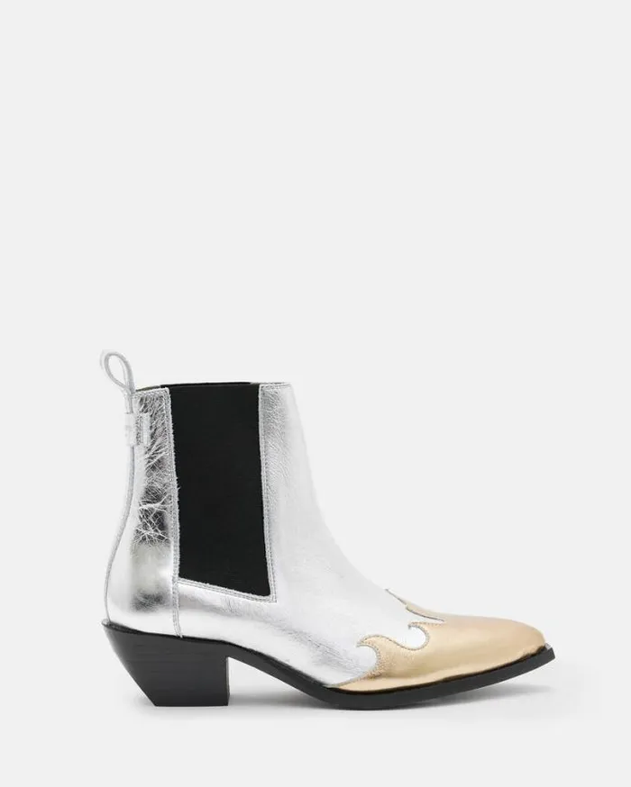 Dellaware Pointed Leather Western Boots Silvergold Women AllSaints Shoes and Boots