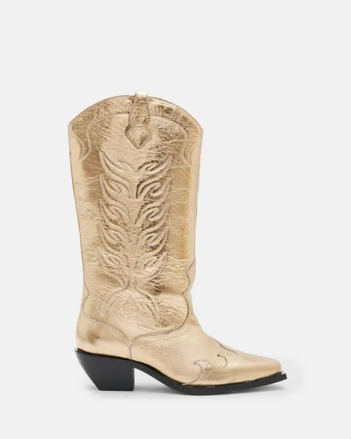 Dolly Western Metallic Leather Boots Metallic Gold Women AllSaints Shoes and Boots