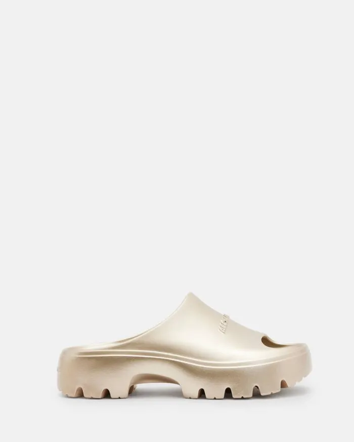 Eclipse Flatform Logo Slides Metallic Gold Women AllSaints Shoes and Boots