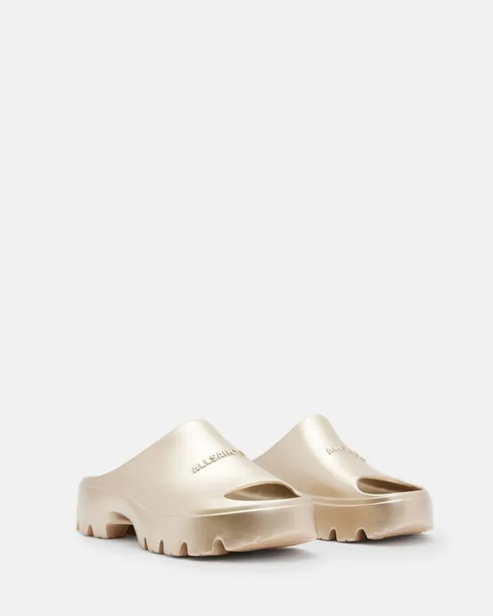 Eclipse Flatform Logo Slides Metallic Gold Women AllSaints Shoes and Boots