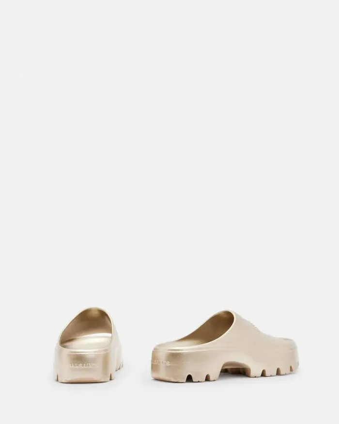 Eclipse Flatform Logo Slides Metallic Gold Women AllSaints Shoes and Boots