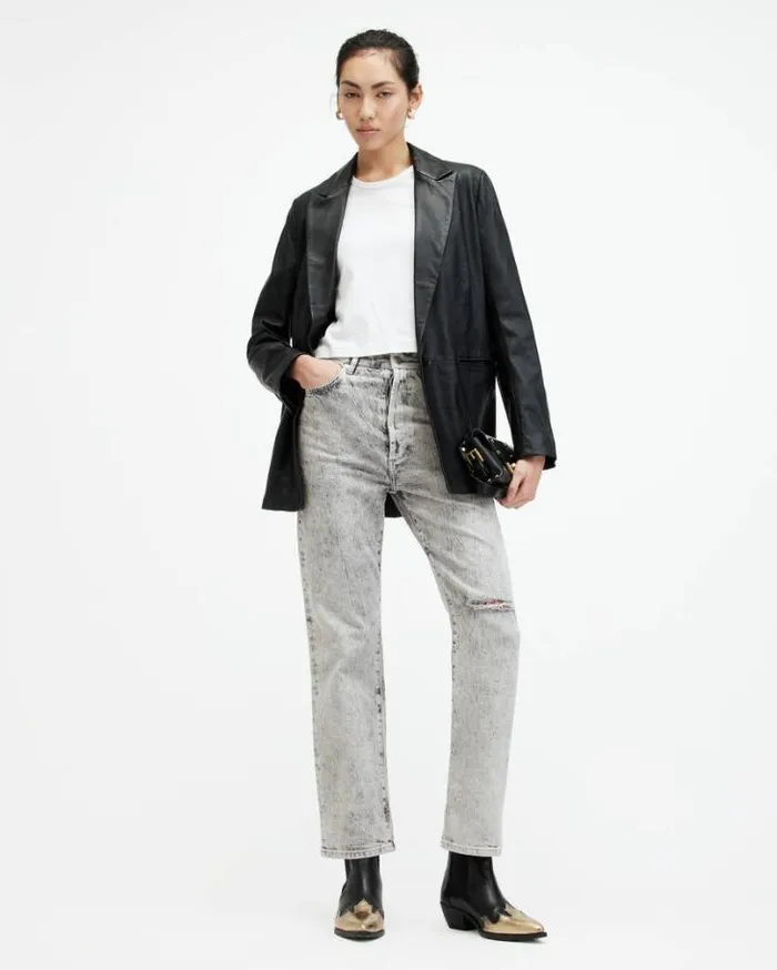 Edie High Rise Straight Denim Jeans Snow Grey Women AllSaints Pants and Leggings