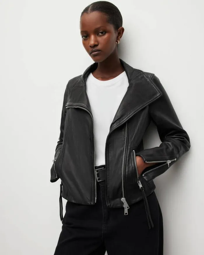 Ellis Funnel Neck Leather Biker Jacket Black Women AllSaints Jackets and Coats