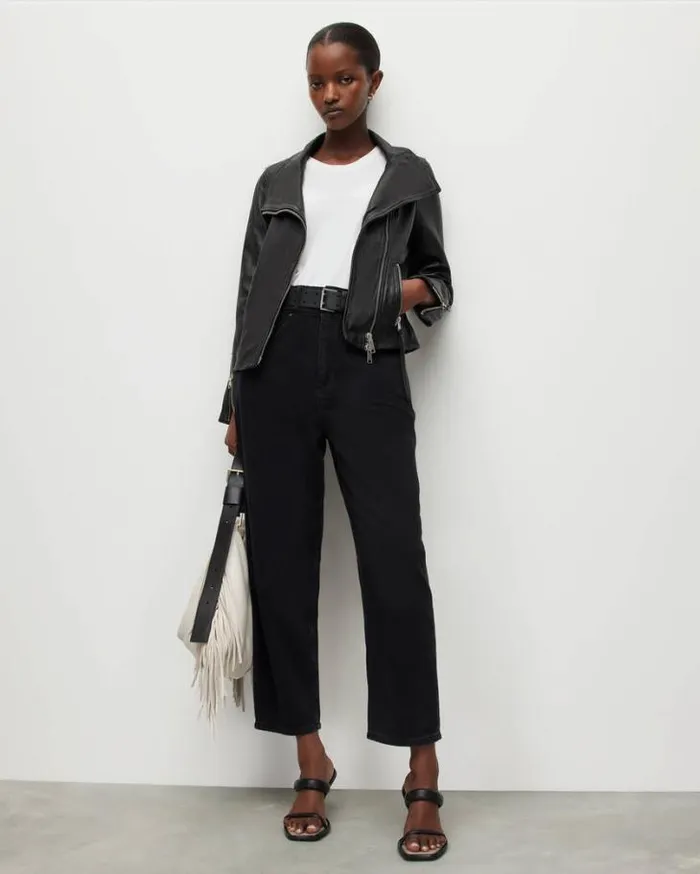 Ellis Funnel Neck Leather Biker Jacket Black Women AllSaints Jackets and Coats Ellis Funnel Neck Leather Biker Jacket Black Women AllSaints Jackets and Coats