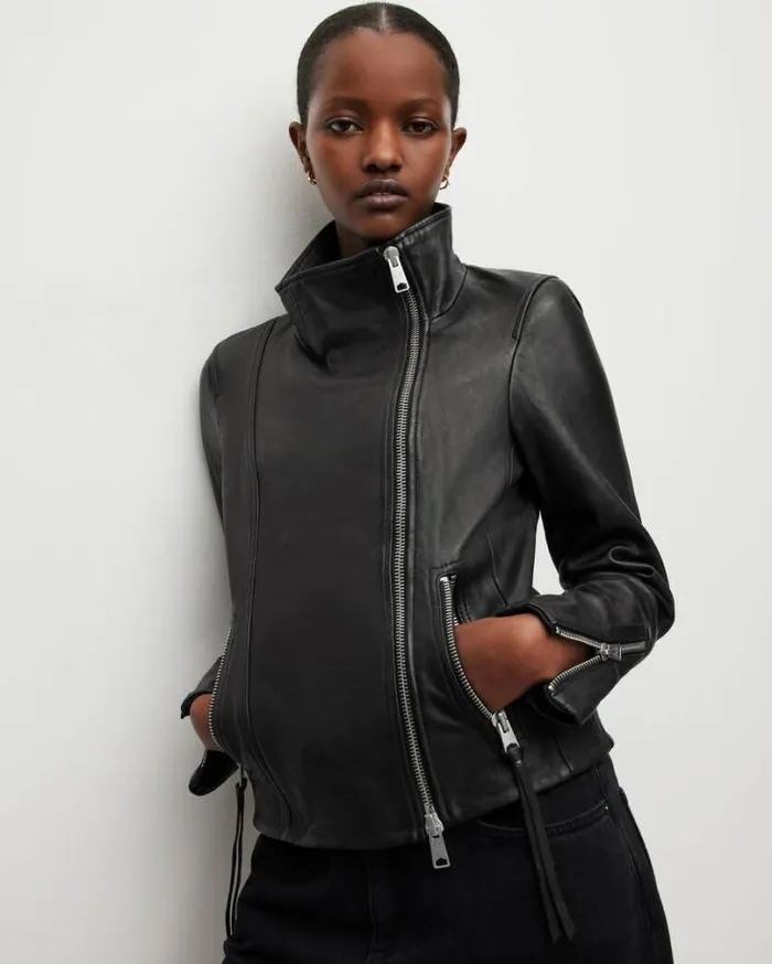 Ellis Funnel Neck Leather Biker Jacket Black Women AllSaints Jackets and Coats Ellis Funnel Neck Leather Biker Jacket Black Women AllSaints Jackets and Coats